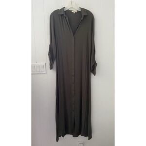 Easel Olive Green Maxi Shirt Dress Button Down Roll Tab Sleeve Boho Duster Small